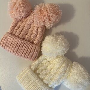 Cute Pink and Cream Pom Pom Knit Beanies